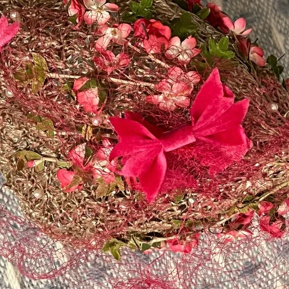 Vintage Floral Pillbox Hat Pink Flowers Pearls Netting Formal Occasion - Picture 2 of 4
